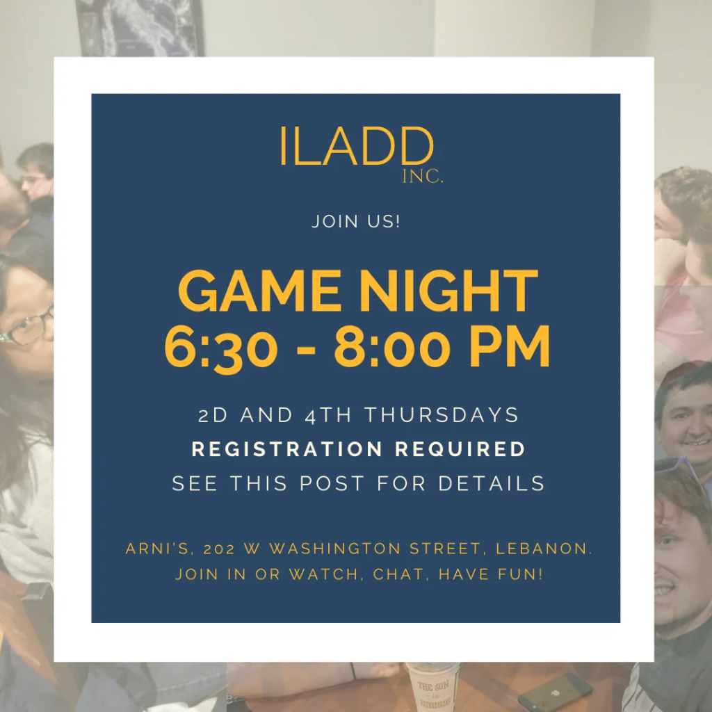 Colorful game night announcement for ILADD event.